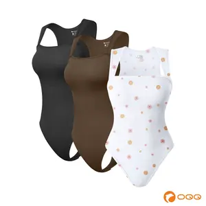 OQQ Women's 3 Piece Ribbed  printed Bodysuits - Sexy Square Neck Sleeveless Tank Top Design - Stretchy, Soft Womenswear Underwear Lady Comfort Knit Girl