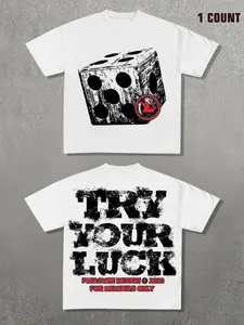 Men's Letter & Dice Print Round Neck Tee, Loose Street Fashion Casual Short Sleeve T-shirt for Daily Wear, Men's Summer Clothes funny  shirt