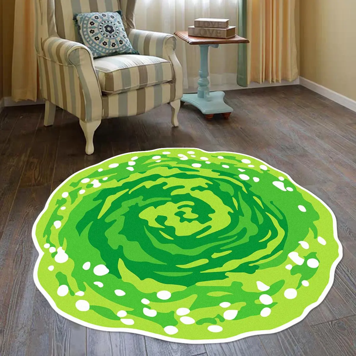 Round carpet floor mat, Decorative mat, Soft area rug for living room and bedroom, Home Decorative Rug, cartoon creative irregular vortex green, soft cashmere folding bottom, soft fluff, washable bottom, machine washable, bedside mat, decoration