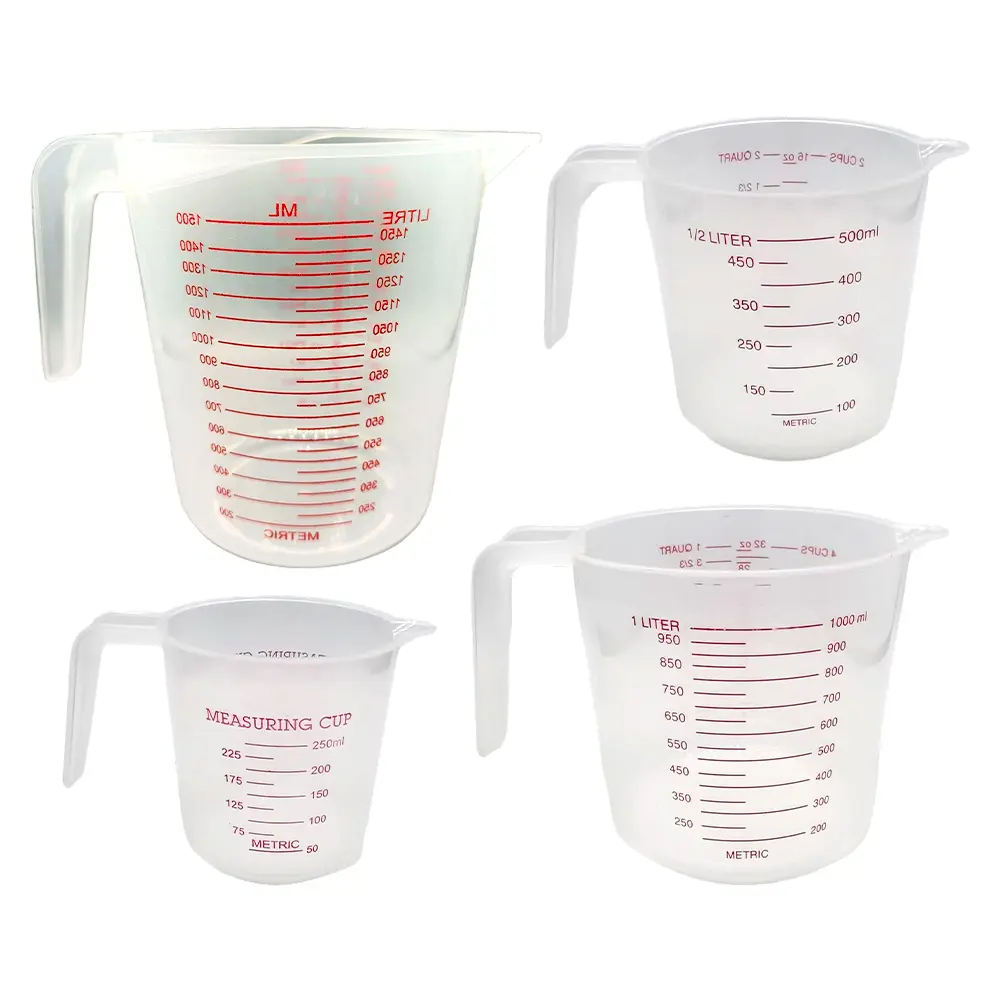 4Pcs Plastic Measuring Cup Set 250/500/1000/1500ML BPA Free Plastic Clear Heat-resistant with Angled Grip and Spout Stackable Liquid Measuring Cup for Kitchen Use - Home Improvement.