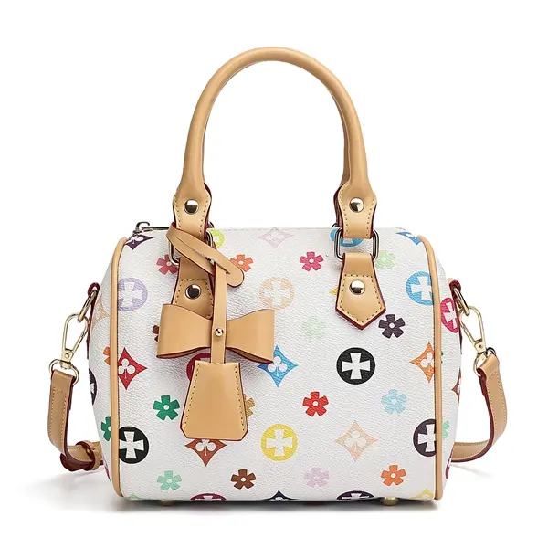 IVKMIVK Printed Mini Boston Barrel Bag for Women, PVC Leather Casual Cute Lightweight Handbag with Detachable Adjustable Strap, Handheld Shoulder Crossbody Purse, 2 Color Options, Zipper