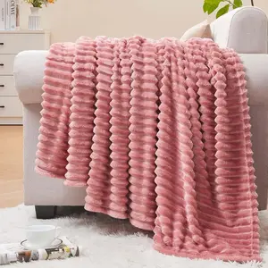 Fleece Throw Blanket for Couch – 3D Ribbed Jacquard Soft Warm Decorative Fuzzy Blanket – Cozy Fluffy Plush Lightweight Cream Throw Blankets for Bed Sofa 60x80 Inches