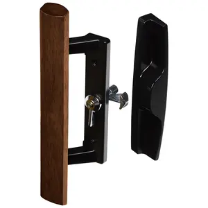 Surface Internal Replacement Wooden Handle Sliding Patio Internal Door Latch Set 3-1/2 Inch Hole DH-106X Black Diecast Wood Pull Non-handed for Left or Right Sliding Patio Doors