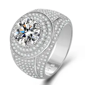Luxurious imitation moissanite diamond men's ring, fully diamond-set, plated with 18K white gold, inlaid with diamonds, a striking statement ring