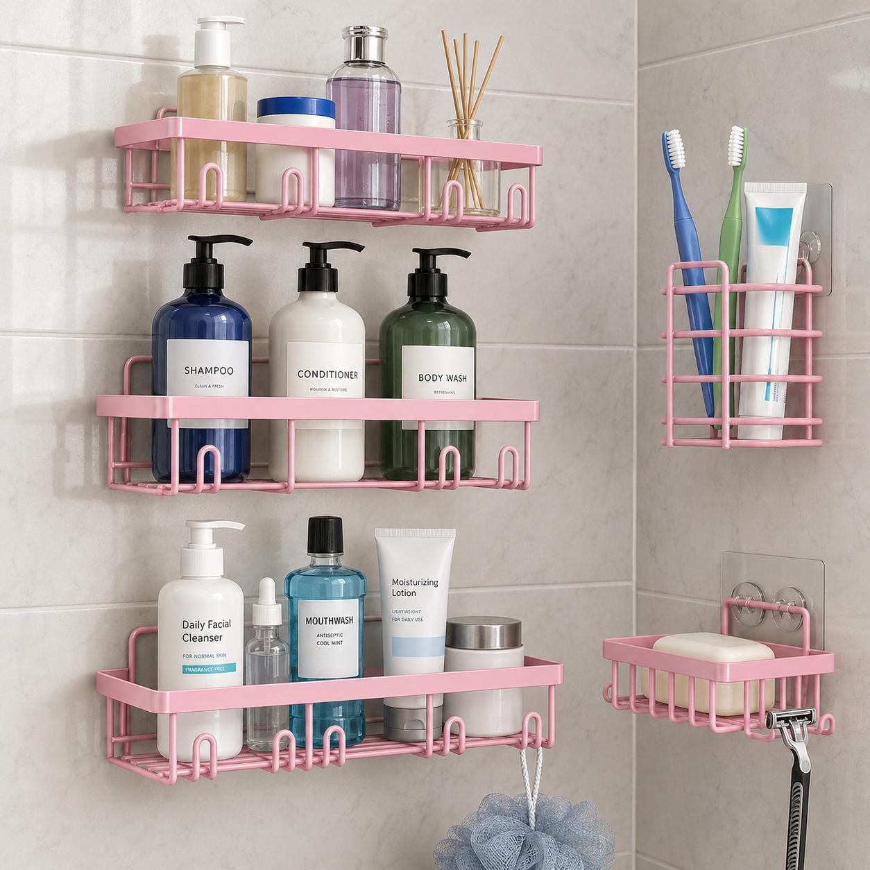 Black Shower Caddy 5 Pack, Adhesive Bathroom Organizer Shelves No Drilling, Rustproof Shower Storage Rack with Hooks, Toothbrush Holder & Soap Dish, Renter Friendly Apartment Essentials for Small Bathroom, Dorm, RV, Kitchen