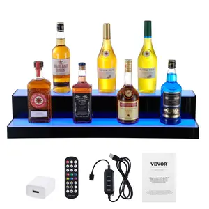 VEVOR LED Lighted Liquor Bottle Display,  2 Tiers 30 Inch Commercial Illuminated Home Bar Shelf, 2 Steps Whiskey Rack Stand, Acrylic Drink Shelves with RF Remote & App Control, and Multicolor lighting