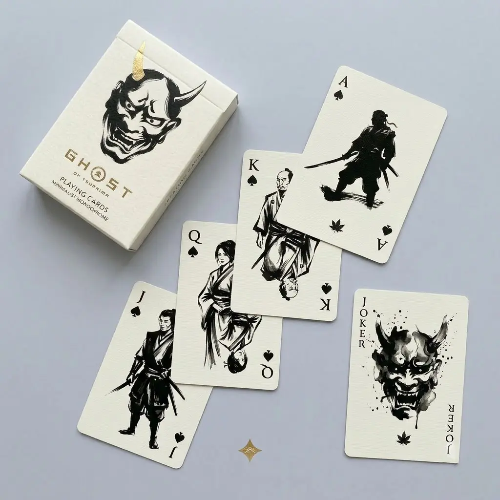 Minimalist Samurai Playing Cards, Ivory and Black Ink Art Poker Deck, Gift for Collectors and Card Games