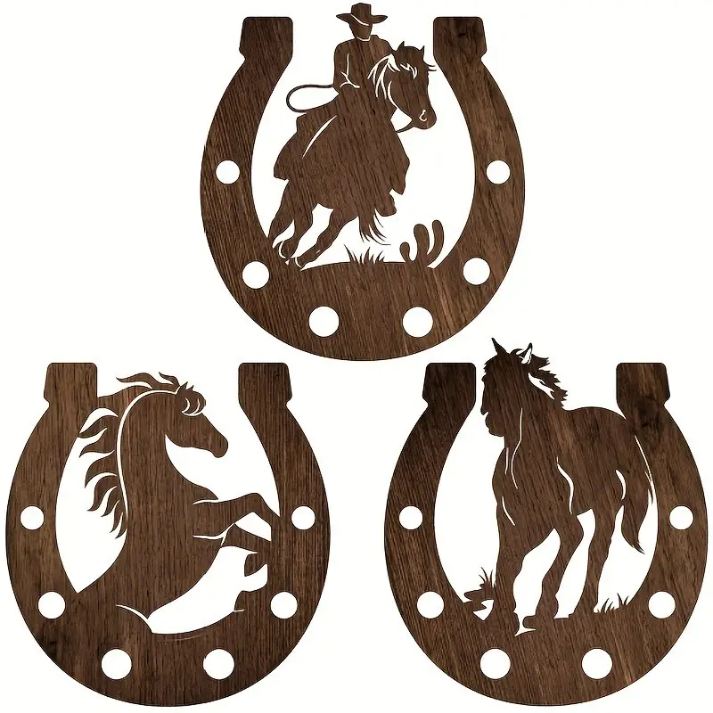 3 Piece Western Wall Decor Horse Shoe Wooden Art, Cowboy Party Decoration, Rustic Style, Home Bedroom Bathroom Ornament