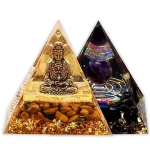 Desktop Pyramid Ornaments Set, 1 Count Golden Moonlight Crystal Buddha Pyramid & 1 Count Multicolor Inlaid Ball Decoration Amethyst Pyramid, Relieve Stress Meditation Divination, Creative Gift, Religious Home Decor