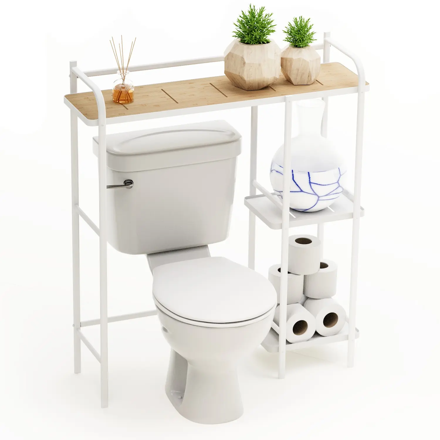 Home Zone Living Over-the-Toilet 3-Tier Storage Organizer with Bamboo Accent Top and Steel Frame, Freestanding Bathroom Shelf, White Finish