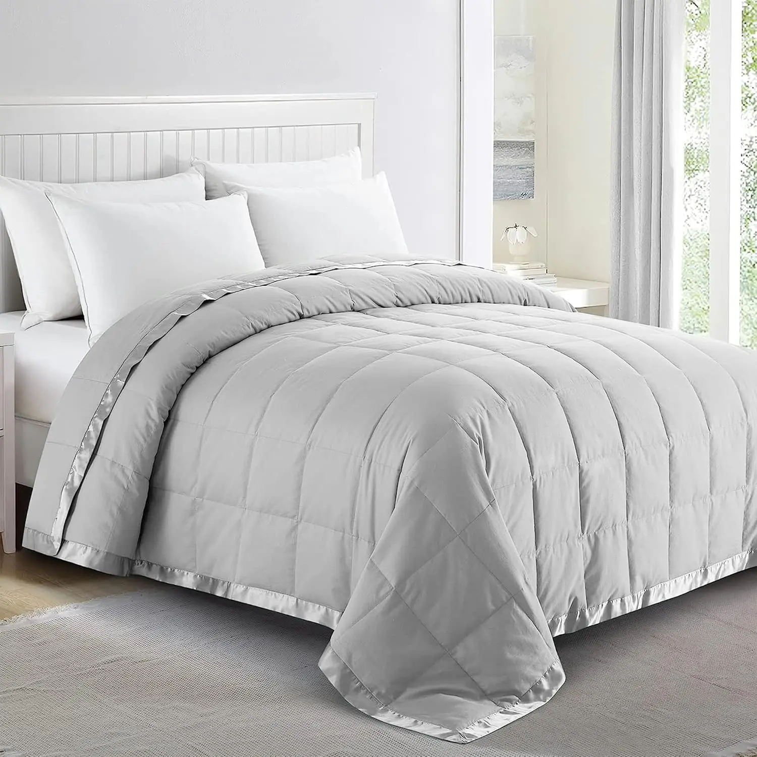 Blankets  Size - Soft Lightweight Down Blanket for  Seasons, Cozy Warm Luxury Bed Blanket with Satin Trim, Cotton Cover, Light Grey (108"X90")