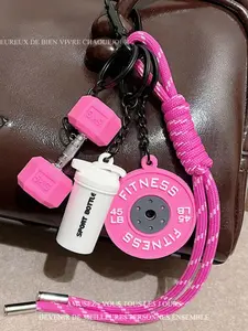 Gym Keychain with Barbell and Dumbbell Pendants, and Braided Rope, Bag/wallet Charm, Weightlifting Theme Jewelry Accessory, All Seasons, Keychain for Bags
