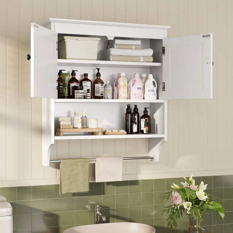 Classic Wall Hanging Storage Organizer - 2-Door Adjustable Rack Wall Cabinet, Bathroom Storage Cabinet with Towel Rack, Hidden Compartment, Adjustable Shelves, 7.9"d x23.9"w x27.6"h, 25+kg Capacity, Assembly Required, Space-Saver for Laundry Room, Study