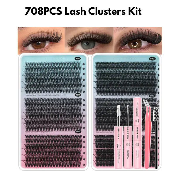 708PCS Lash Clusters Kit, Wispy Individual Lash Extensions with Bond & Seal, Tweezers, DIY Lashes, Summer Gift