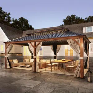 12x20 Hardtop Gazebo, Metal Gazebo with Rustproof Galvanized Steel Double Roof & Wood-Grain Aluminum Frame, All-Weather Waterproof Shelter for Patio, Deck, Poolside & Lawn, Includes Mosquito Netting & Curtains
