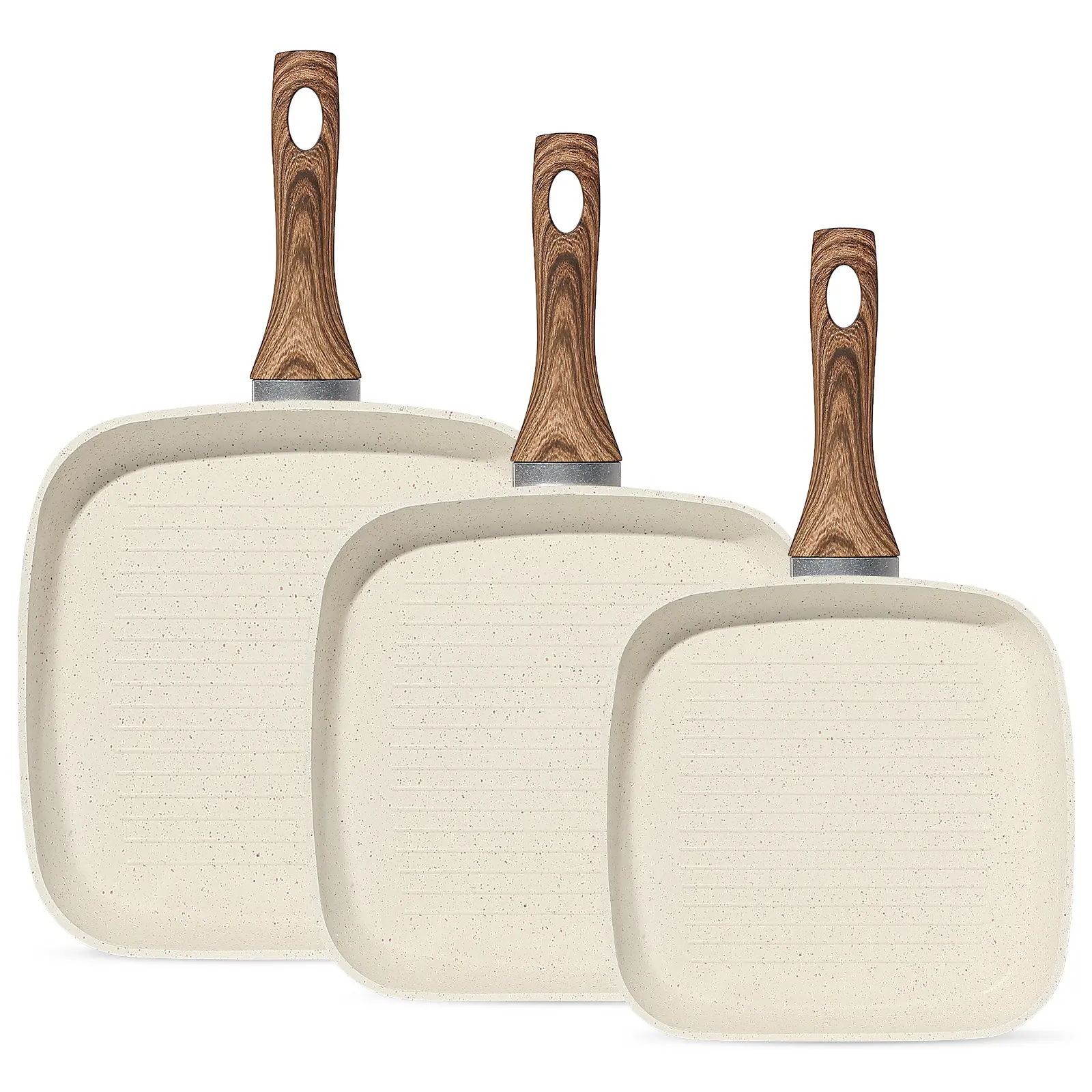 3 Piece Nonstick Grill Pans, Square Frying Pans Set for Indoor Outdoor RV Camping Cooking, Removable Heat-resistant Handle,PFOA Free Skillet with Stay Cool Handle