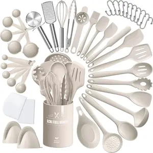 Silicone Kitchen cooking Utensils Set, 43Pcs Heat Resistant Khaki Cooking Utensils Set,Kitchen Gadgets Tools Set For Nonstick Cookware cooking spoons