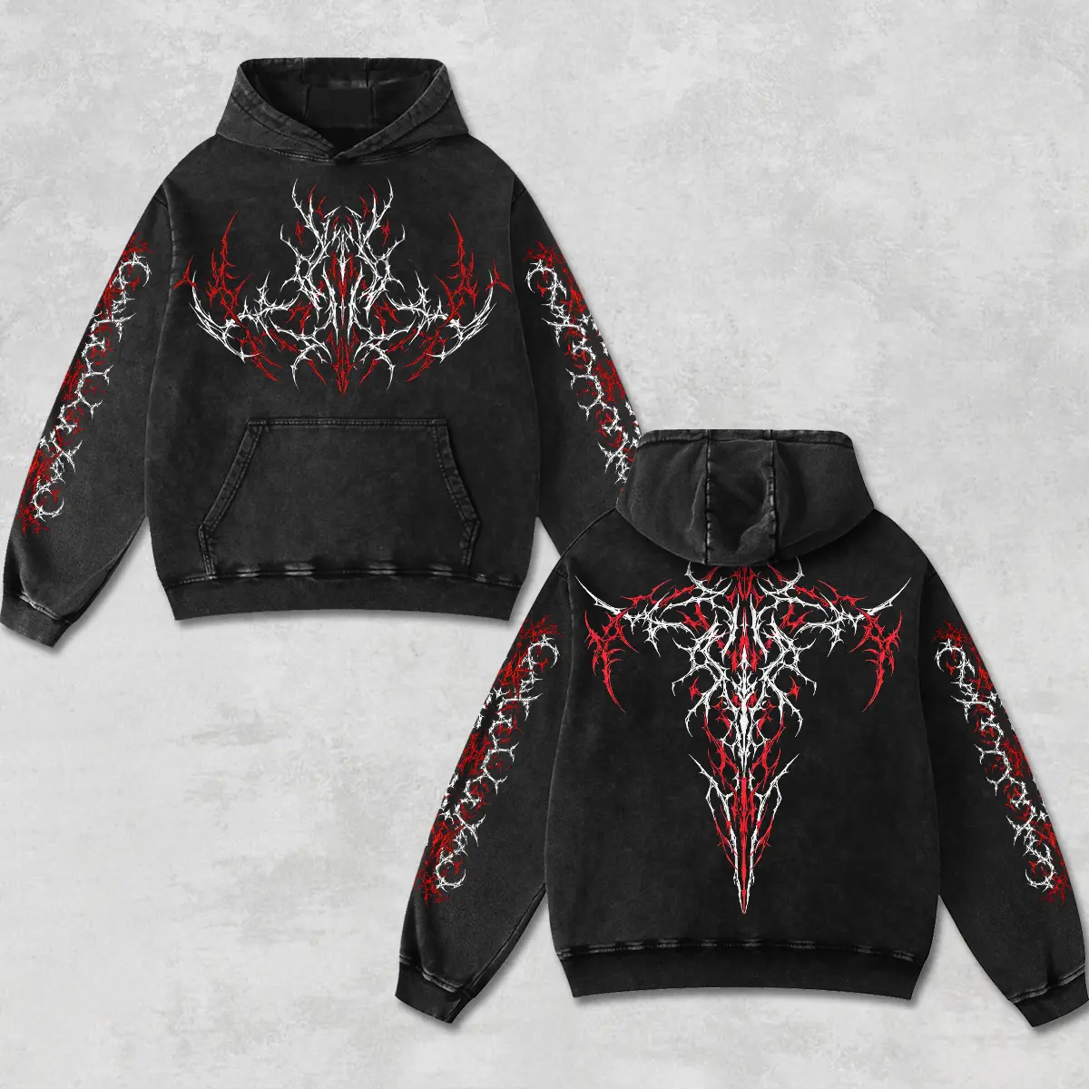 Retro Red White Tribal Spikes Motorsport Hoodie Black Acid Washed, Cyber Sigilism Biker Streetwear, Dark Grunge Heavyweight Sweatshirt, Motorbike Rider Pullover, Retro Moto Gear Apparel Men’s Racing Jacket Style Oversized Vintage Clothes