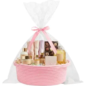 Gift Basket with Gift Bags, Ribbon for Mother‘s Day, Father's Day, Birthday, Empty Small Woven Baskets for Home, Nursery Storage Organizer, 13.3 X 6.6 X 3.5 INCH, Pink
