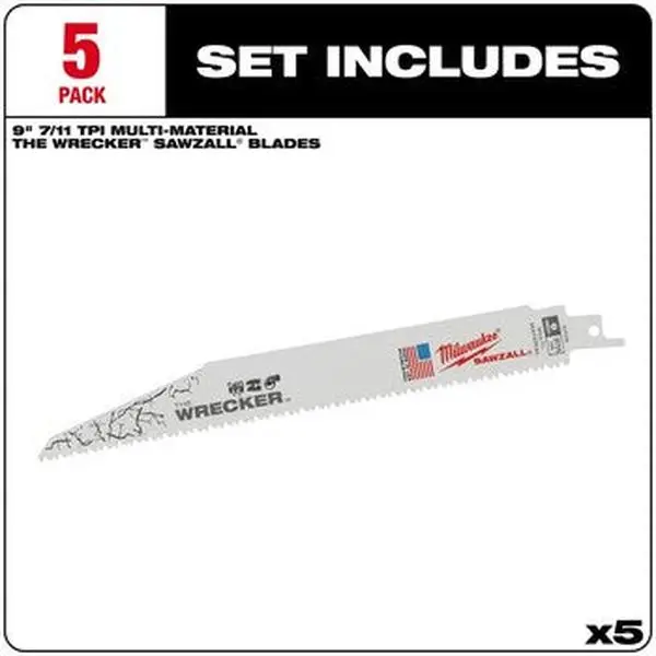 Milwaukee 48-00-5706 5-Pack The WRECKER Multi-Material SAWZALL Blade, 9in 7/11TPI High Speed Steel, Demolition Use, Increase Life and Durability