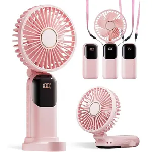 Portable Fan,   Operated Fan, 5 Speeds&Digital Display, Makeup Fans for Women with Base, 180°Foldable 3in1 Handheld/Neck/Desk Fan for Outdoor Indoor,Ultra Quiet (Pink)