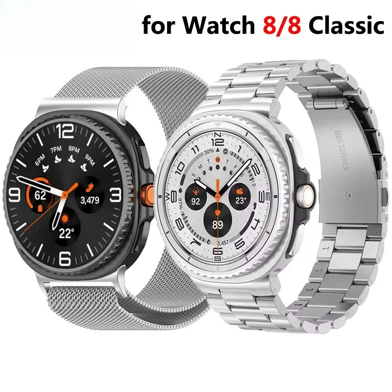 Stainless Steel No-Gaps Single Strap Wearable Metal Band for Samsung Galaxy Watch 8 Classic 46mm, Galaxy Watch 8 40mm-44mm - Arc Design, Slender Fit, Modern Formal Style, Square Frame Luxury Bracelet