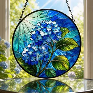 Blue Hydrangea Stained Glass Suncatcher, Wildflower Floral Window Hanging, Vintage Garden Home Decor Gift