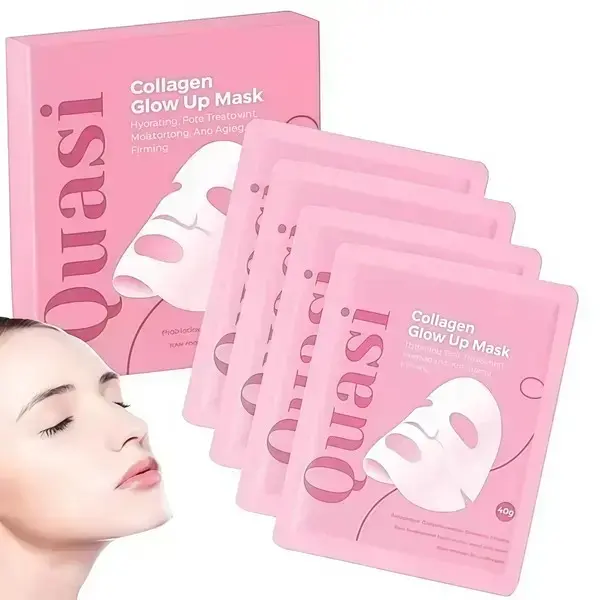 Quasi Collagen Glow Up Mask 2.0, Quasi BioCollagen Face Mask, Firm Skin Deep HydratingMasks for Wrinkle Reduction and PoreMinimization - Glow like Glass Skin (1 Box × 4Pcs)