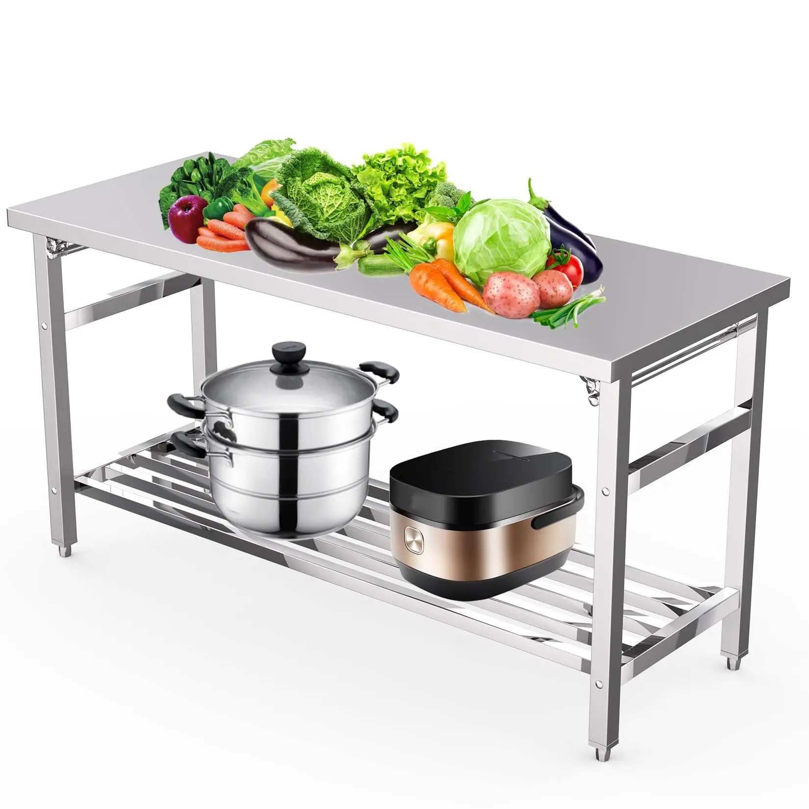 【GARVEE】60 x 24 Inch Stainless Steel Folding Table with Adjustable Undershelf, NSF Commercial Kitchen Island for Prep and Work in Restaurants, Homes, and Hotels
