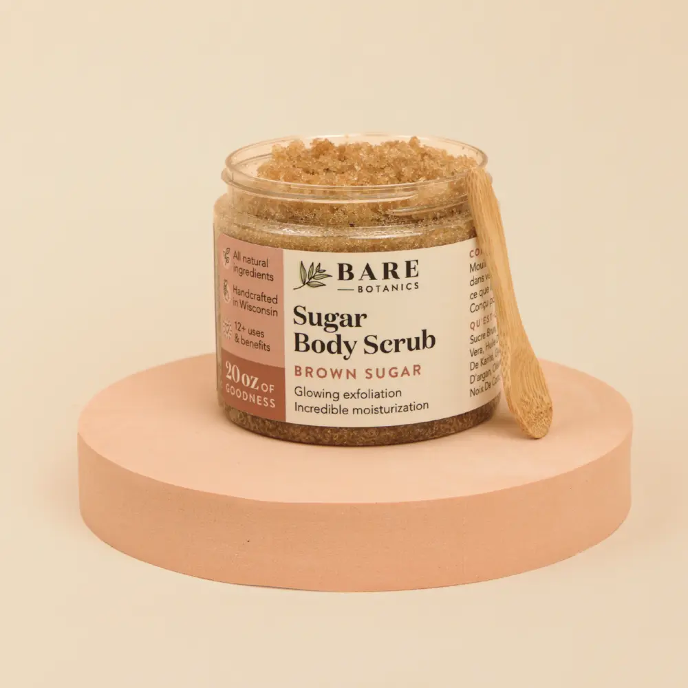 Bare Botanics All Natural Brown Sugar Body Scrub 20 oz Naturally Scented Coconut Vanilla, Double Exfoliating & Ultra Moisturizing Hydrating Skin Polish with Jojoba, Argan & Shea Butter, Vegan & Cruelty-Free