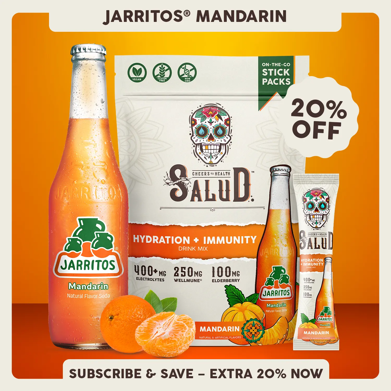 Salud x Jarritos 2-in-1 [Hydration & Immunity - Mandarin] Electrolytes Powder, Agua Fresca Drink Mix, Elderberry, Dairy & Soy Free, Non-GMO, Gluten Free, Vegan, 1g Sugar (15 Servings)