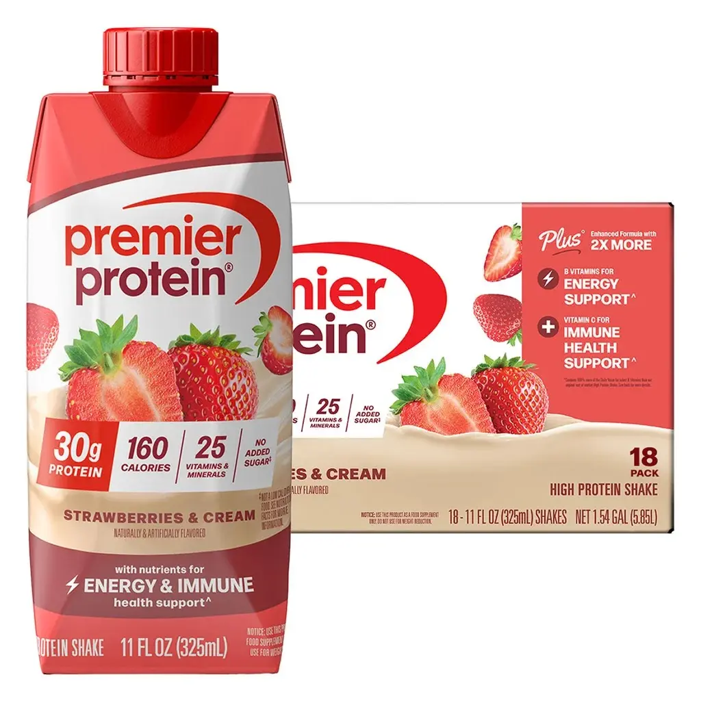 Premier Protein Ready-to-Drink Shakes - 30g Dairy Protein Supplements, 11 fl oz, Strawberry & Cream, No Added Sugar, Gluten-Free, Portable, Supports Energy, Fitness Beverage (18 Bottles), High Protein, Energy Protein Supplements
