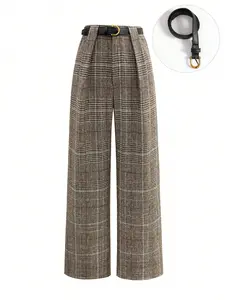 Women's Belted High Waist Plaid Wide Leg Pants Front Pleat Check Loose Trousers Office Workwear Business Casual Elegant Vintage British Style Dark Academia Preppy Aesthetic Old Money Daily Outfits Spring Womenswear