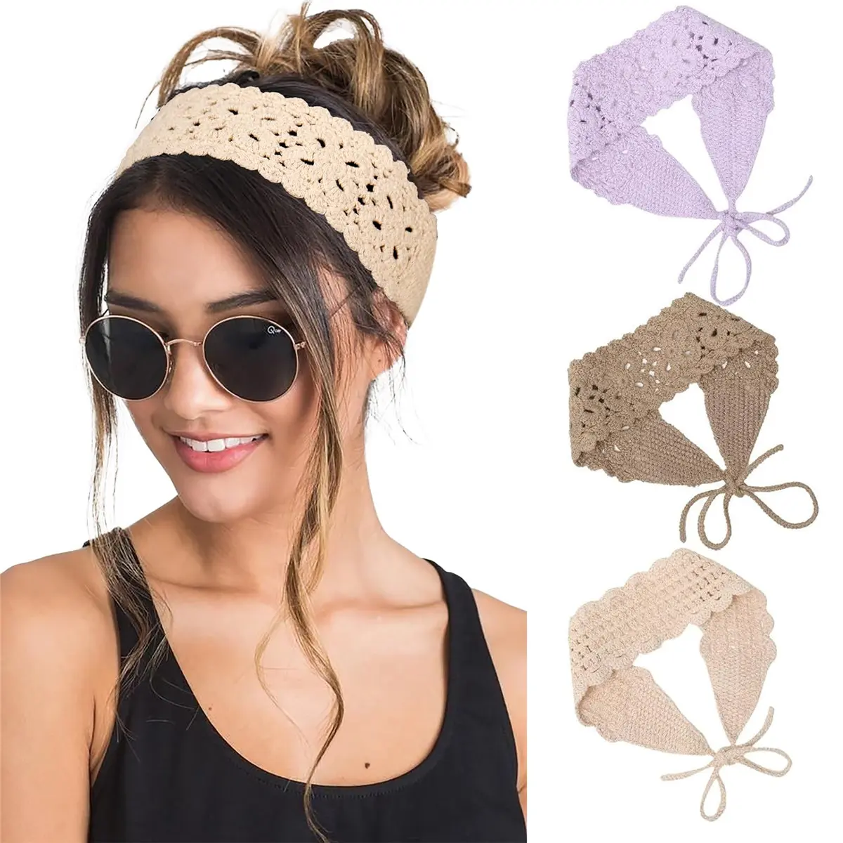 Women’s 3-Pcs Adjustable Knitted Soft Headband Set, Crochet Hippie Boho Floral Hair Bandanas, Knit Hair Wraps (Band Set Headbands for Daily Wear), Adjustable Headbands