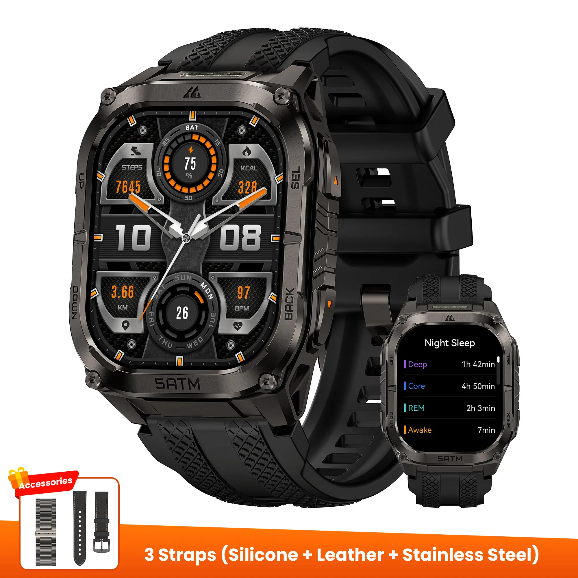 Black+Stainless Steel Strap+Leather Strap