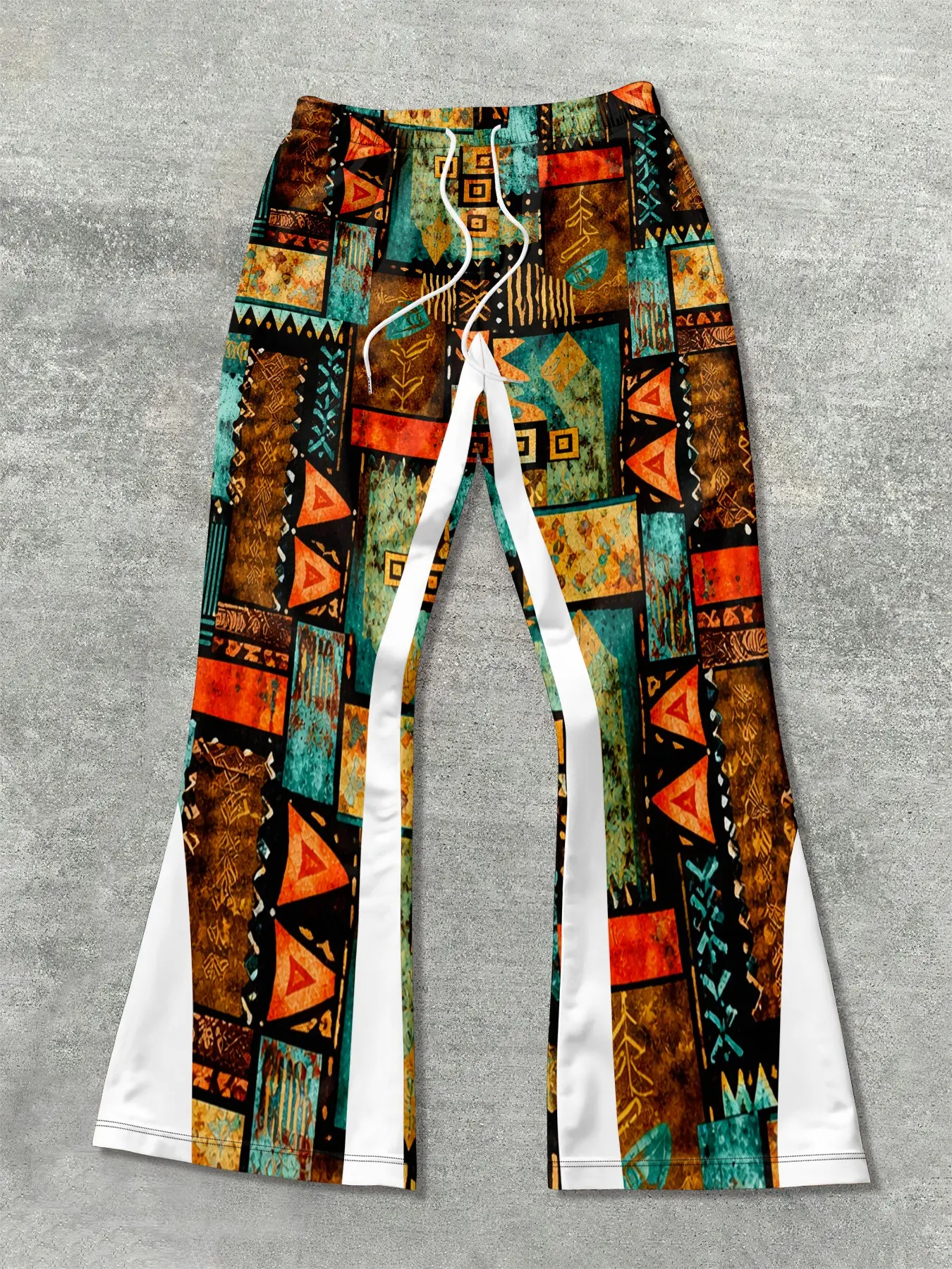 Boho Patchwork Flared Pants, Ethnic Bohemian Vintage Casual Trousers, Geometric Pattern, Fitted Style, All Seasons Wear, Menswear, Bohemian Street Trousers, Casual Streetwear Trousers