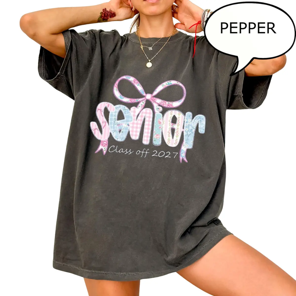 Senior 2027 Patchwork Bow T-Shirt Comfort Colors Maroon - Coquette Class of 2027 Grad Shirt - Oversized Vintage Style