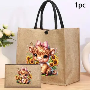 Highland Cow Linen Tote Bag with Sunflower Makeup Bag, Cute Cow Print Handbag and Matching Coin Purse, Perfect for Summer Beach Travel