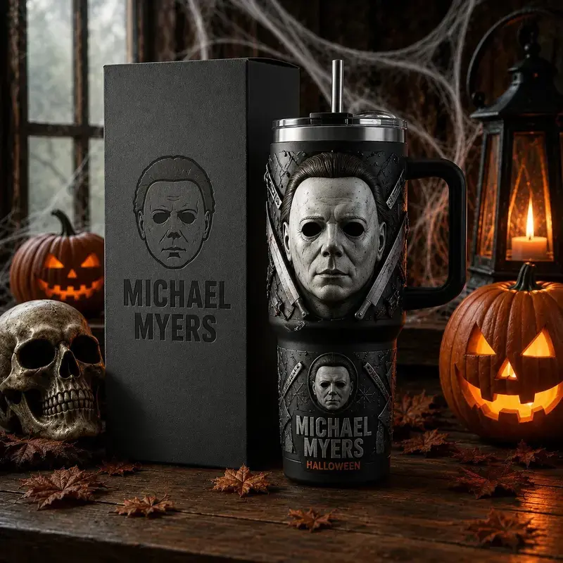 Michael Myers Halloween 40oz Tumbler, Halloween Horror Movie Travel Mug with Handle, Stainless Steel Insulated Cup, Full Wrap Printed Drinkware, Horror Fan Gift for Men & Women