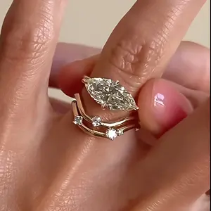 AW 2CT Marquise Cut Gold Tone Ring Set |   S925 Sterling Silver High Carbon Diamond 3-Piece Jewelry Set for Women