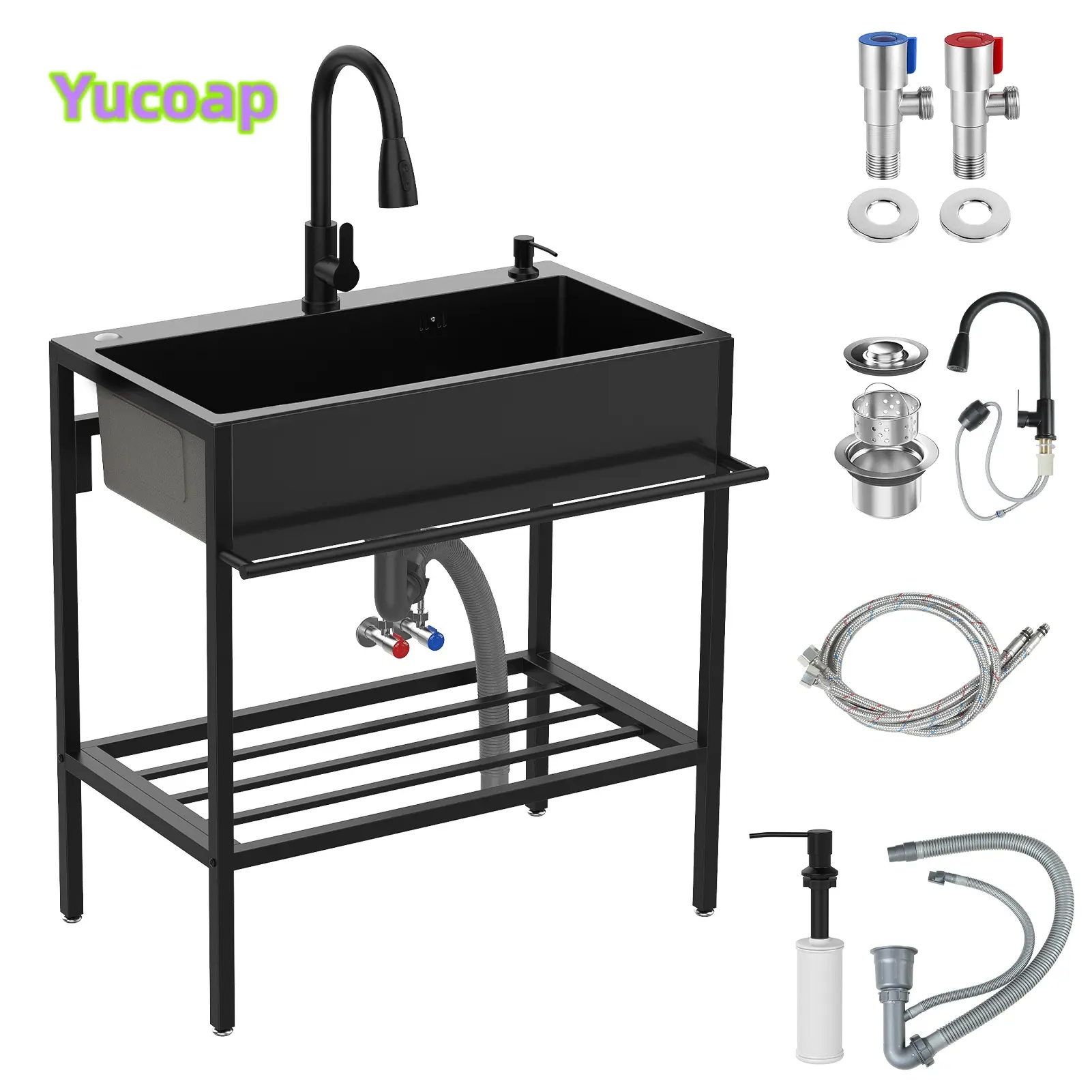 YUCOAP Stainless Steel Utility Sink with Cabinet, Freestanding Laundry Sink with Hot & Cold Water Faucet, Drain Kit for Laundry Room, Garage, Bathroom or Outdoor Use