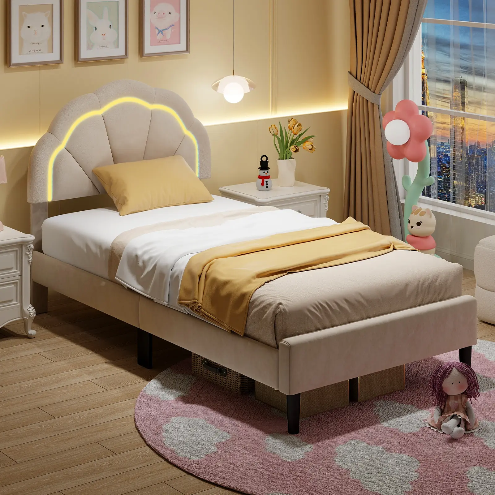 COSTWAY - Upholstered LED Bed Frame with Adjustable Flower Headboard and Metal Support Feet-Twin Size