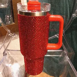 [Glitter Tumbler] 40oz Glitter Tumbler With Handle | Rhinestones Bling Cups Stainless Steel Water Bottle Diamond Studded Drinkware
