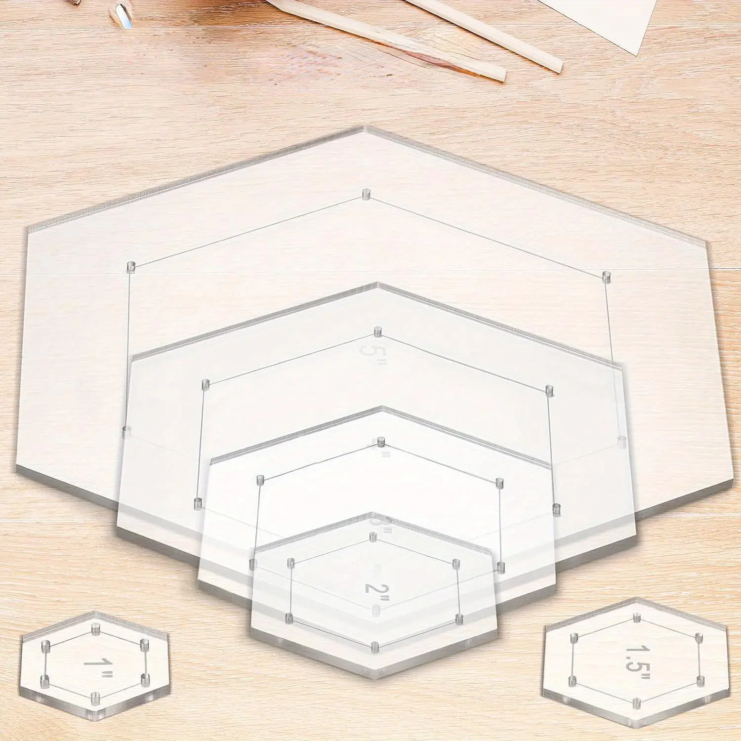 6pcs Hexagon Quilting Templates 1 Inch, 1.5 Inch, 2 Inch, 3 Inch, 4 Inch, 5 Inch With 1/4 Inch Seam Allowance, Acrylic Quilting Templates For DIY Quilting Sewing Crafts Sewing Tools Sewing Supplies Crafts
