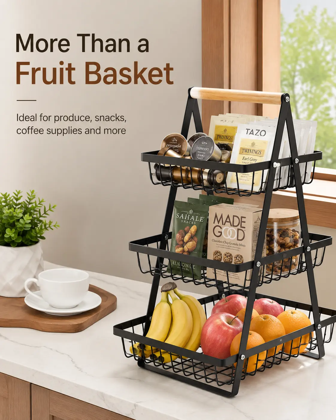 2 Tier & 3 Tier Fruit Basket for Kitchen Counter, Metal Wire Fruit and Vegetable Storage Basket with Wooden Handle, Countertop Organizer for Produce, Bread, Snacks, Black or White