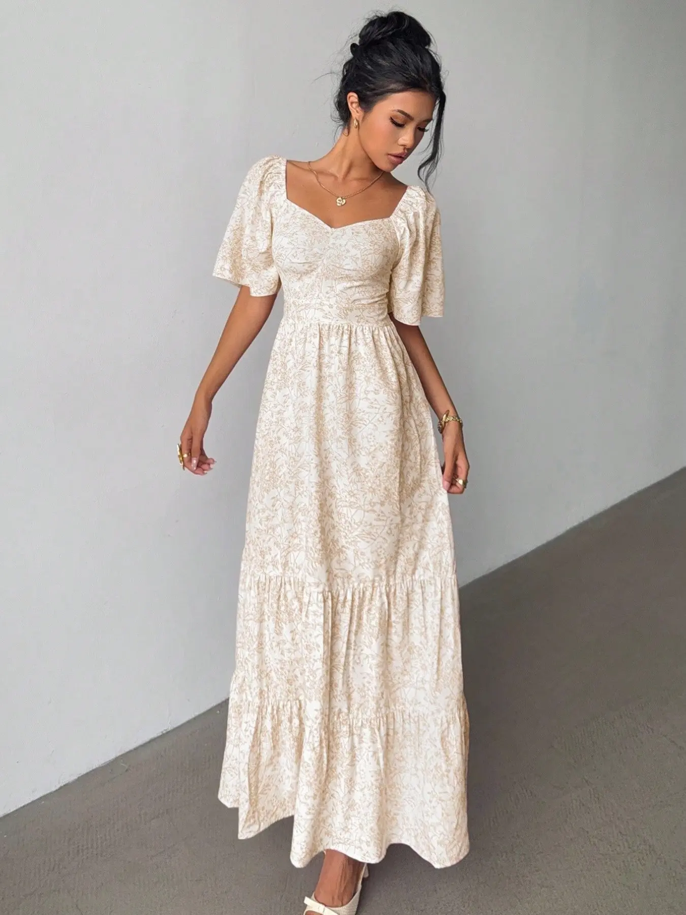 French Style Peach Color Chic Feminine Floral Boho Flowy Dress, Casual Wear Summer Square Neck Bubble Sleeve Waist Cinch Long A-Line Dress, Bohemian Chic Dress Nk-0013-991251