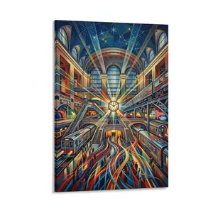 1pc Frameless Printed Canvas Art, Colorful Railway Station (Clock, Trains) Art Deco Wall Decor, Modern Home Decor for Living Room, Bedroom, Office, Bar