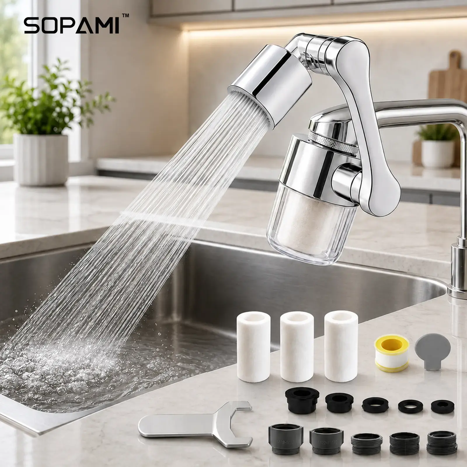 SOPAMI 3D 1080° Swivel Faucet Filter Aerator, 360° Multi-angle Rotation Anti-Splash Soft Water Outlet, Transparent Visible Shell, 3 Replacement Filter Cartridges, Universal Adapter Fits Most Kitchen & Bathroom Sink Taps
