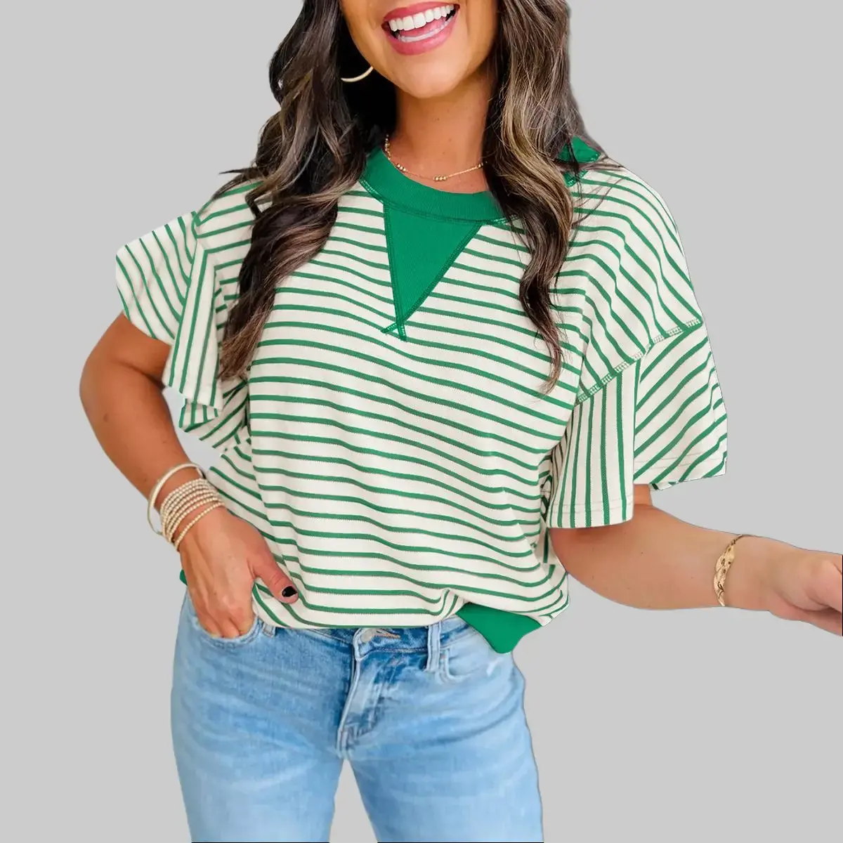 Dear-Lover Women's Striped Blouse, Casual Loose Fit Top with Ruffle Short Sleeves and Contrast Trim, Soft Cotton Blend Fabric
