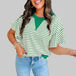 Dear-Lover Women's Striped Casual Round Neck Shortsleeve Tee, Soft Cotton Blend Fabric, Comfortable Loose Fit, Contrast Color Trim, Ruffle Sleeves, Day Style Blouse, LC25129873-P109